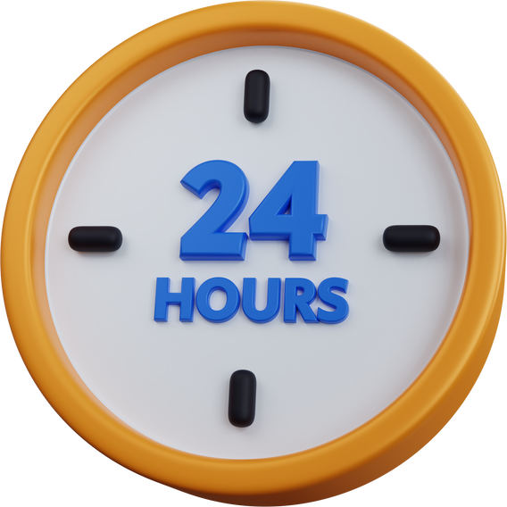 3d rendering yellow clock with 24 hours writing isolated